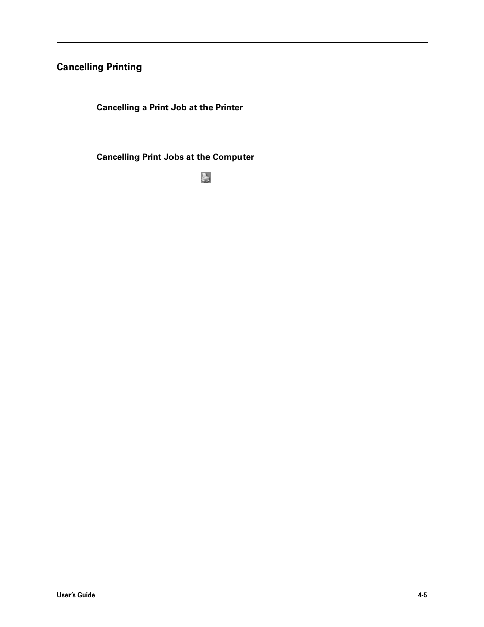 Cancelling printing, Cancelling a print job at the printer, Cancelling print jobs at the computer | Cancelling printing -5 | Sharp DX-B450P User Manual | Page 51 / 146