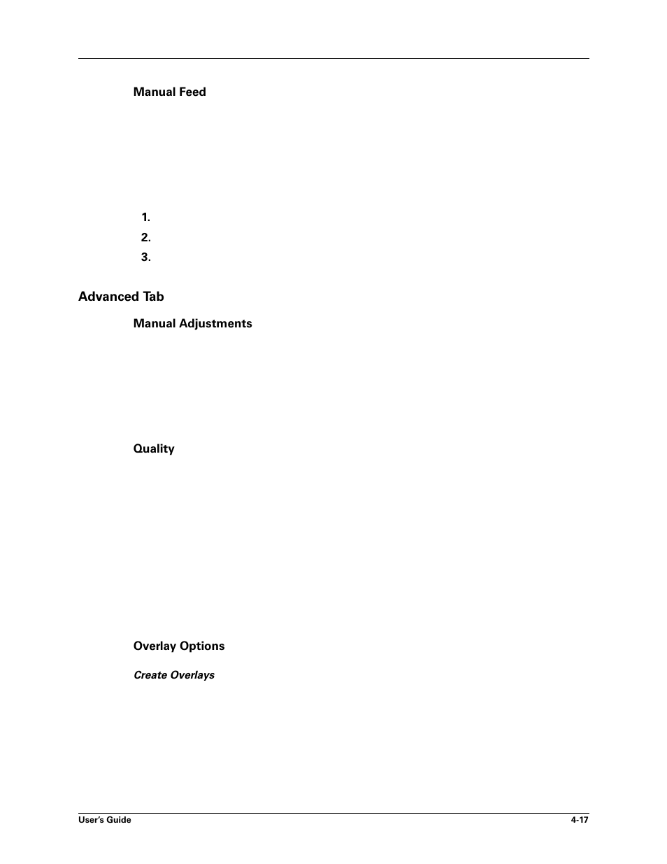 Manual feed, Advanced tab, Manual adjustments | Quality, Overlay options, Manual feed -17, Advanced tab -17, Create overlays -17 | Sharp DX-B450P User Manual | Page 63 / 146