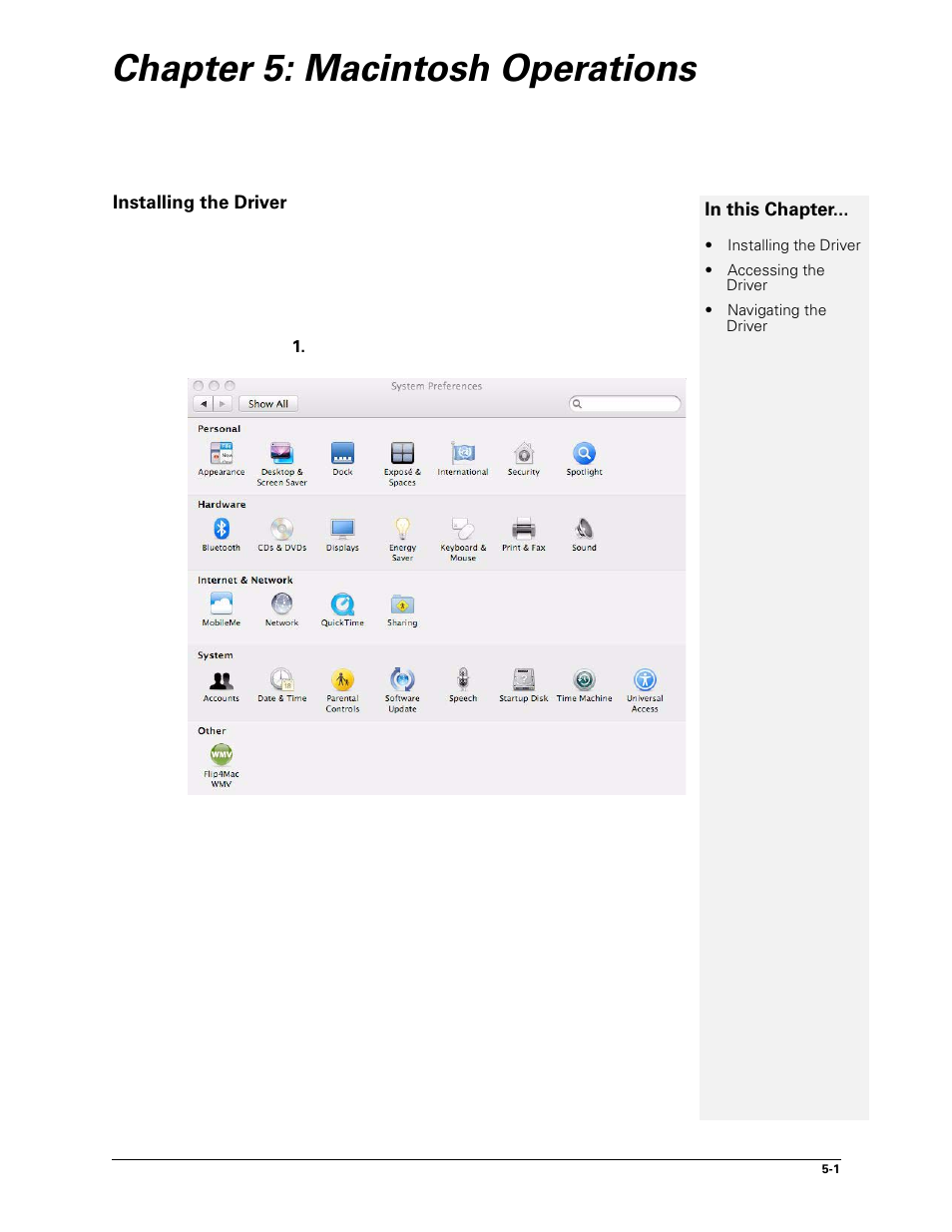 Chapter 5: macintosh operations, Installing the driver, 5 macintosh operations -1 | Installing the driver -1 | Sharp DX-B450P User Manual | Page 69 / 146