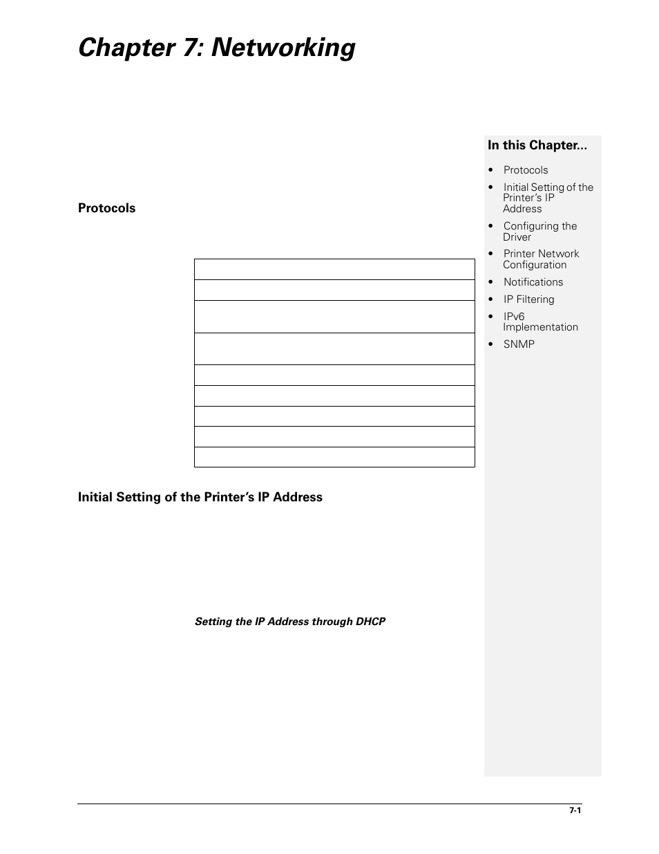 Chapter 7: networking, Protocols, Initial setting of the printer’s ip address | 7 networking -1, Setting the ip address through dhcp -1 | Sharp DX-B450P User Manual | Page 83 / 146