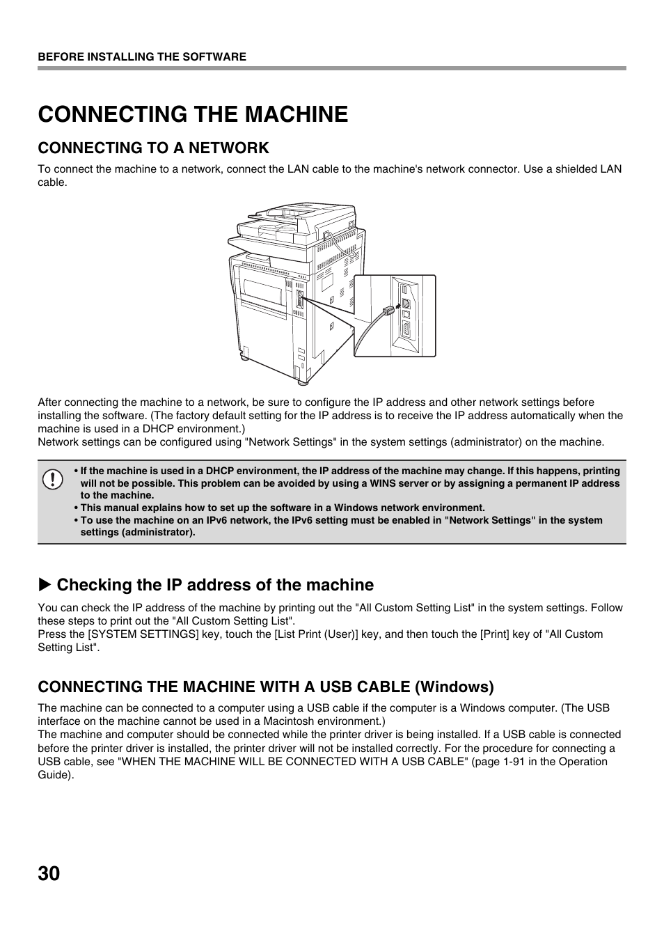 Connecting the machine, Checking the ip address of the machine, Connecting to a network | Connecting the machine with a usb cable (windows) | Sharp CINSE4653DS51 User Manual | Page 32 / 56