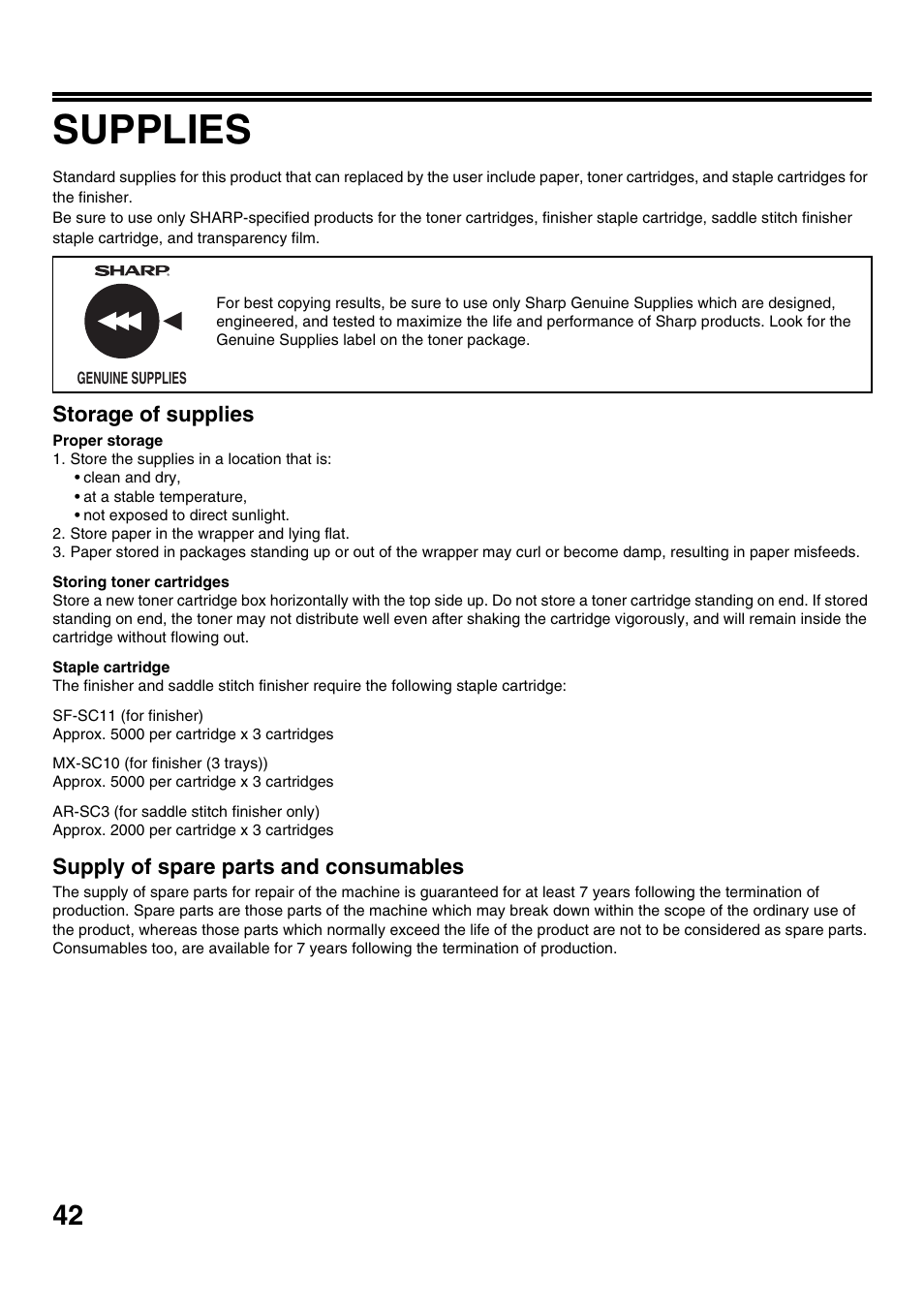 Supplies, Storage of supplies, Supply of spare parts and consumables | Sharp CINSE4653DS51 User Manual | Page 44 / 56