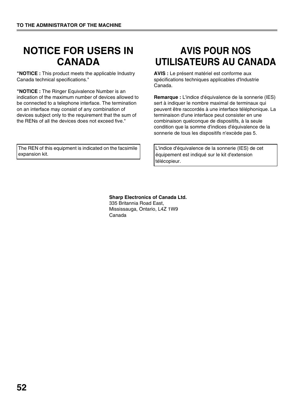 Notice for users in canada, Avis pour nos utilisateurs au canada | Sharp CINSE4653DS51 User Manual | Page 54 / 56