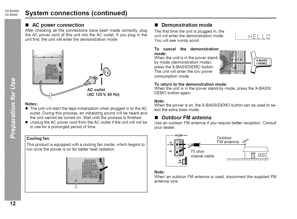 System connections (continued), Ac power connection, Demonstration mode | Outdoor fm antenna | Sharp CD-ES99 User Manual | Page 12 / 36