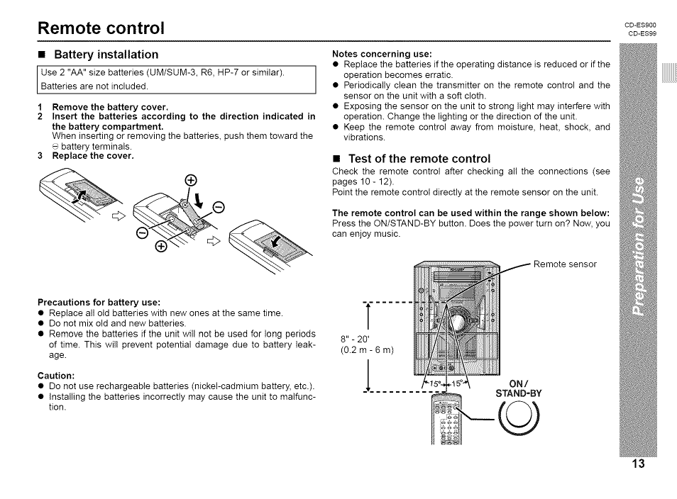 Remote control, Battery installation, Test of the remote control | Sharp CD-ES99 User Manual | Page 13 / 36