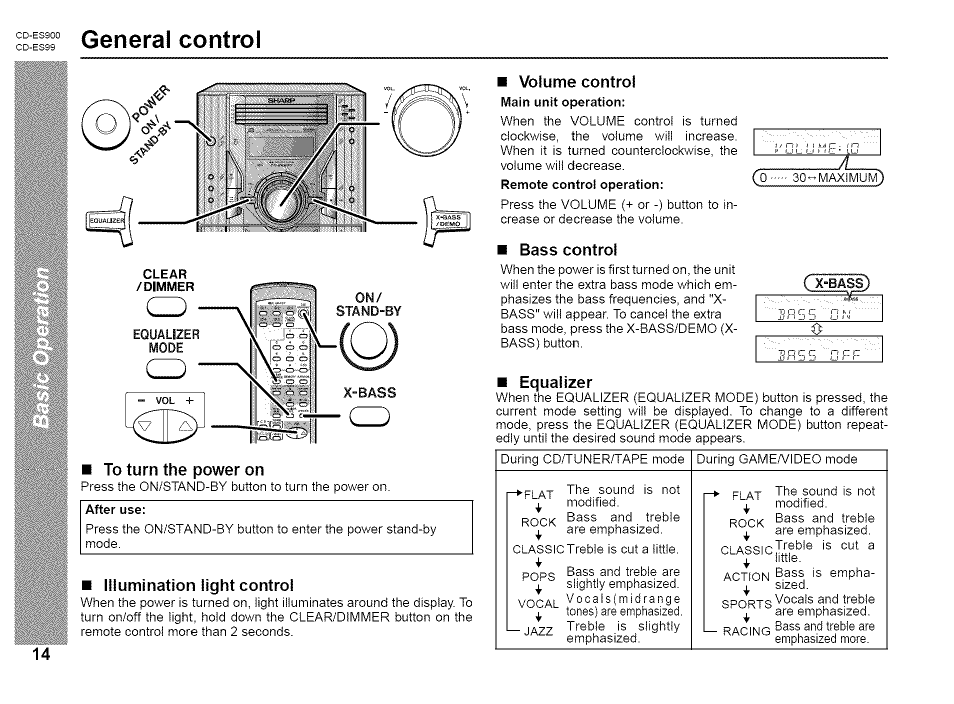 General control, To turn the power on, Illumination light control | Volume control, Bass control, Equalizer | Sharp CD-ES99 User Manual | Page 14 / 36