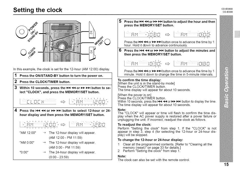 Setting the dock, Setting the clock | Sharp CD-ES99 User Manual | Page 15 / 36