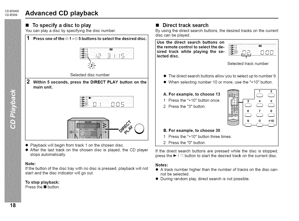 Advanced cd playback, To specify a disc to play, Direct track search | Advanced cd playback 8 - 2 0 | Sharp CD-ES99 User Manual | Page 18 / 36