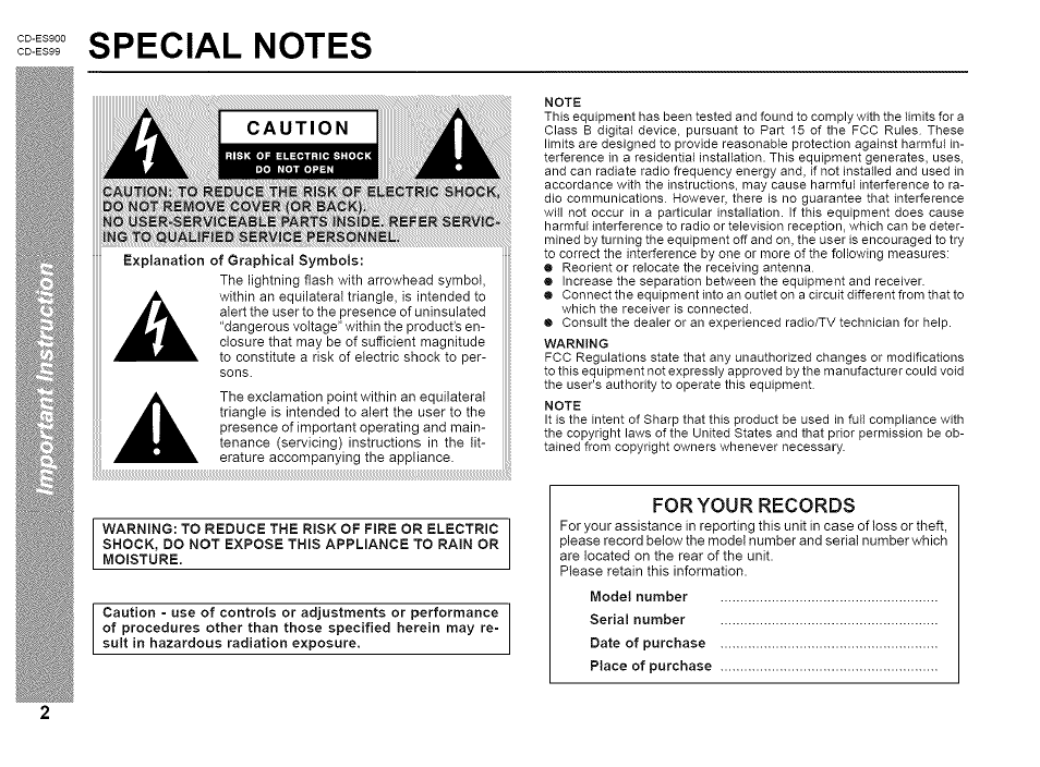 Foryour records | Sharp CD-ES99 User Manual | Page 2 / 36