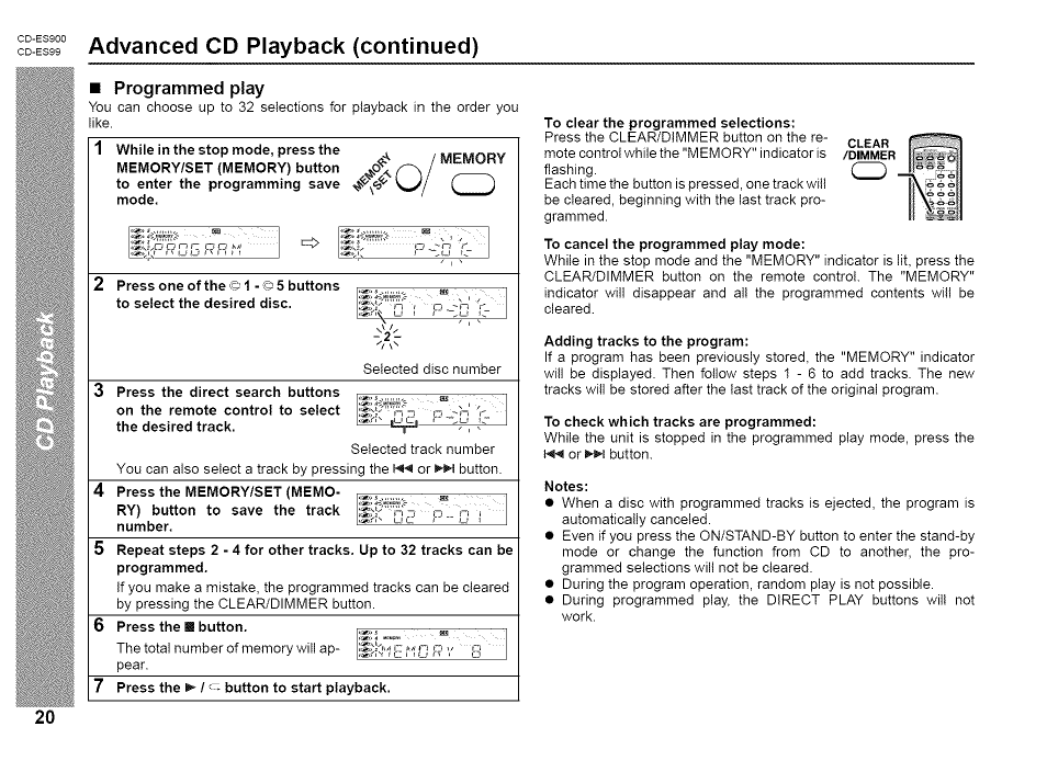 Advanced cd playback (continued), Programmed play | Sharp CD-ES99 User Manual | Page 20 / 36