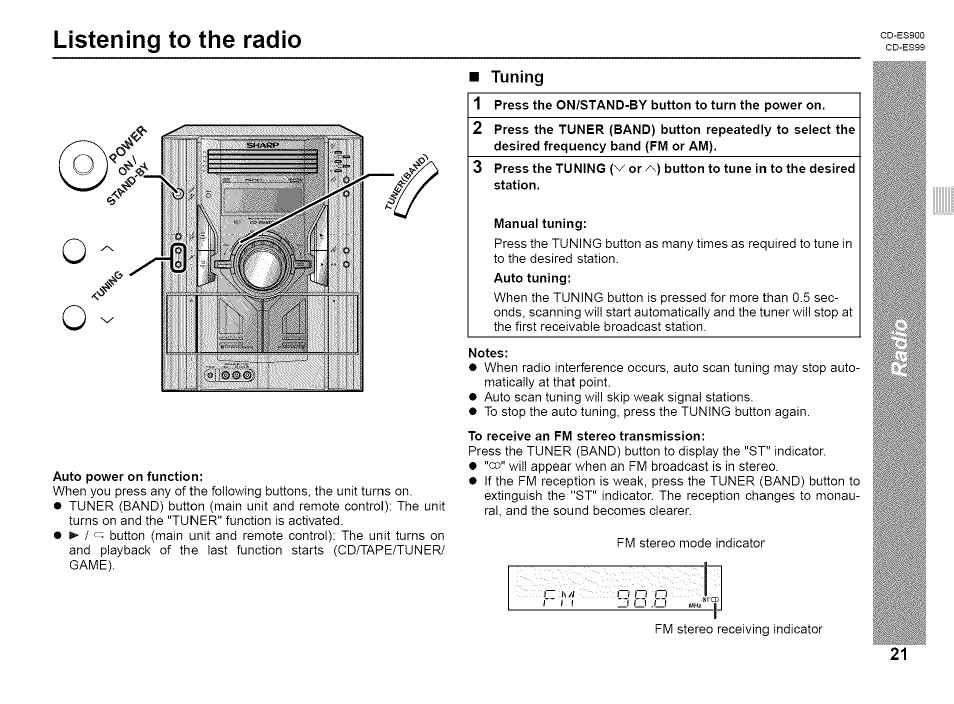 Listening to the radio, Tuning | Sharp CD-ES99 User Manual | Page 21 / 36