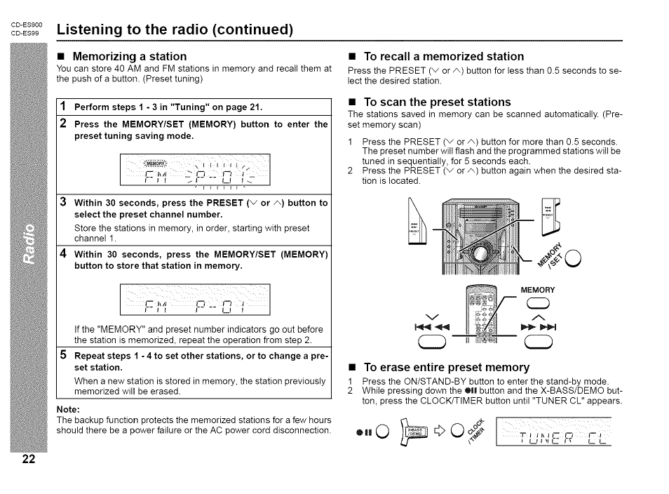 Listening to the radio (continued), Memorizing a station, To recall a memorized station | To scan the preset stations, To erase entire preset memory | Sharp CD-ES99 User Manual | Page 22 / 36