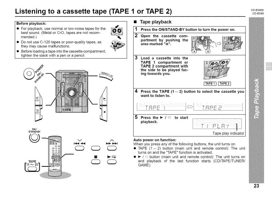 Listening to a cassette tape (tape 1 or tape 2), Tape playback | Sharp CD-ES99 User Manual | Page 23 / 36