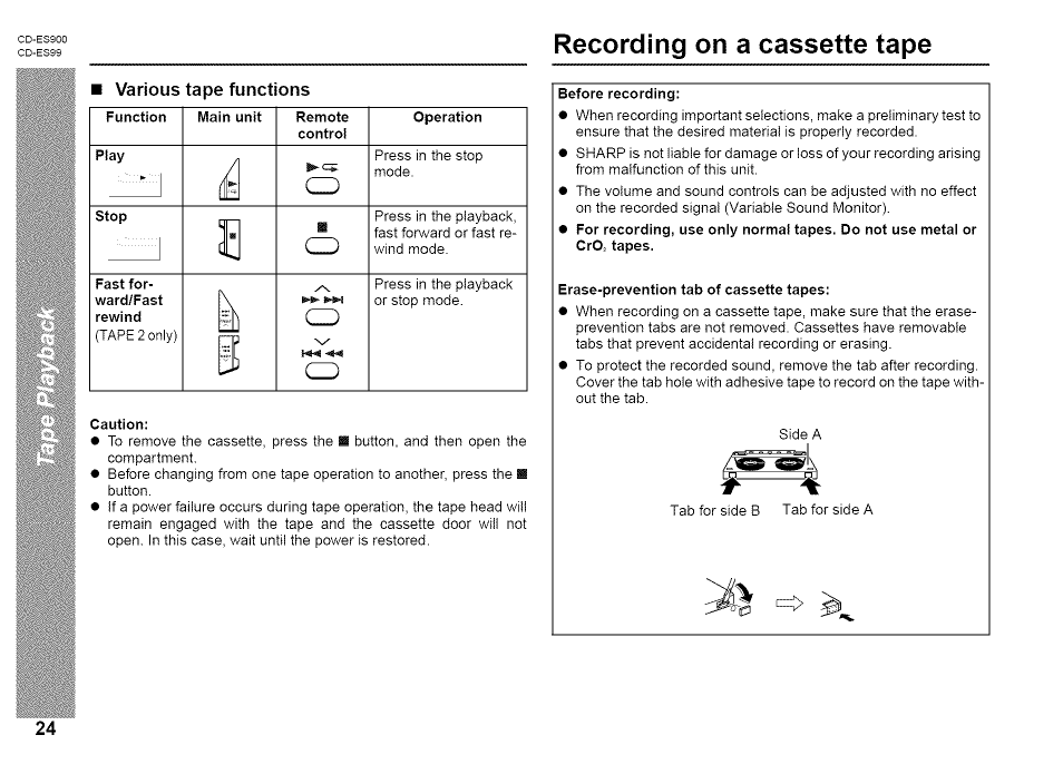 Various tape functions, Recording on a cassette tape, Recording on a cassette tape 4 - 2 6 | Sharp CD-ES99 User Manual | Page 24 / 36