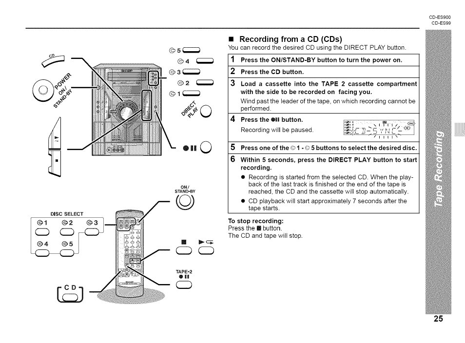 Recording from a cd (cds) | Sharp CD-ES99 User Manual | Page 25 / 36