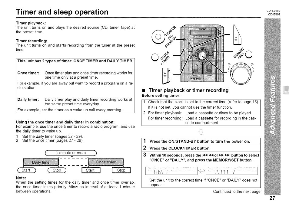 Timer and sleep operation, Timer playback or timer recording, Timer and sleep operation 7 - 3 0 | Lhhj | Sharp CD-ES99 User Manual | Page 27 / 36