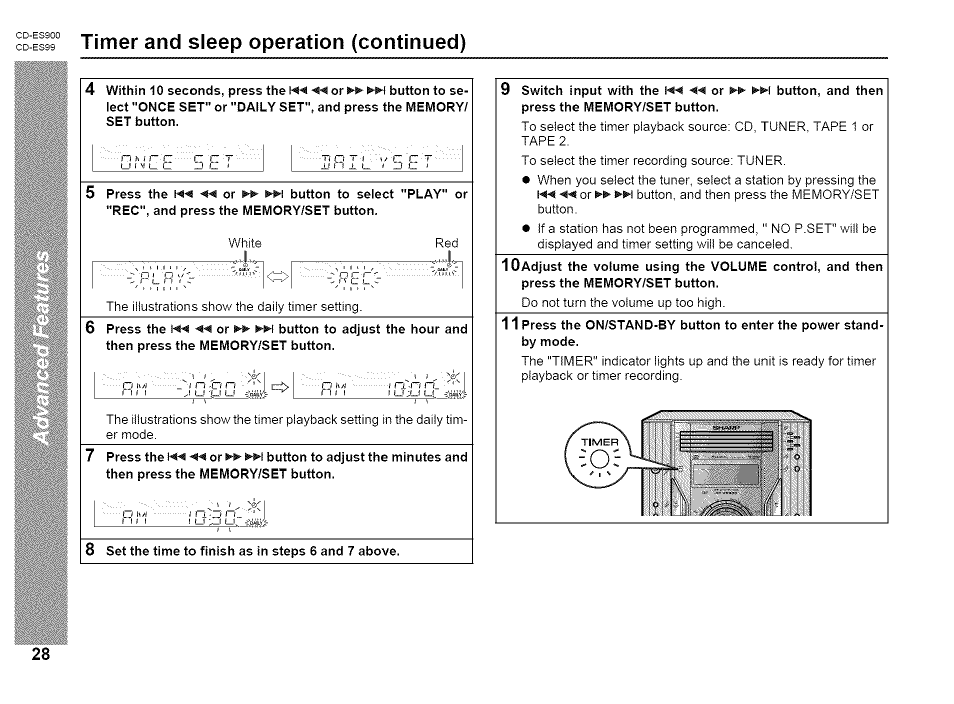 Timer and sleep operation (continued) | Sharp CD-ES99 User Manual | Page 28 / 36