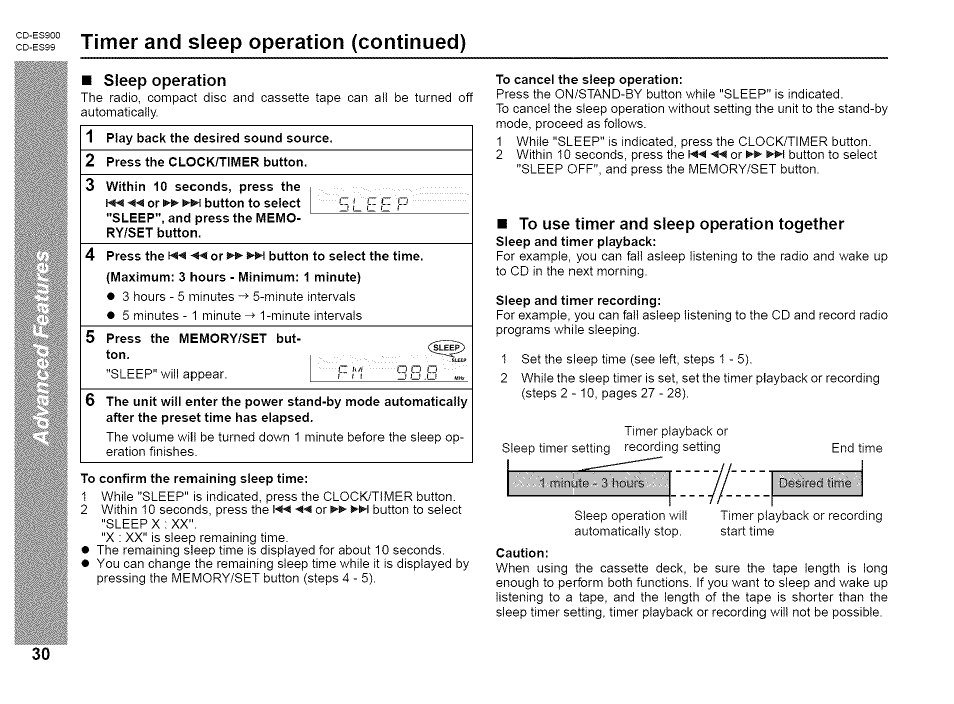 Timer and sleep operation (continued), Sleep operation, To use timer and sleep operation together | Sharp CD-ES99 User Manual | Page 30 / 36