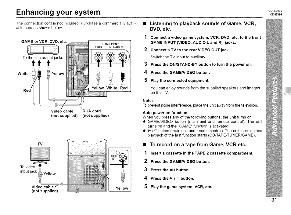 Enhancing your system, To record on a tape from game, vcr etc | Sharp CD-ES99 User Manual | Page 31 / 36