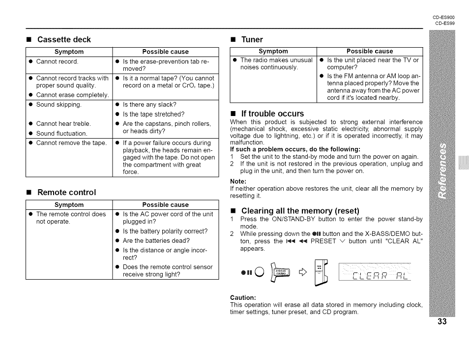 Cassette deck, Remote control, If trouble occurs | Clearing all the memory (reset), Ii o | Sharp CD-ES99 User Manual | Page 33 / 36