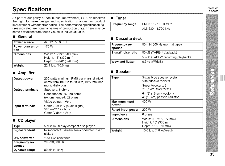 Specifications, General, Tuner | Amplifier, Cd player, Cassette deck, Speaker | Sharp CD-ES99 User Manual | Page 35 / 36