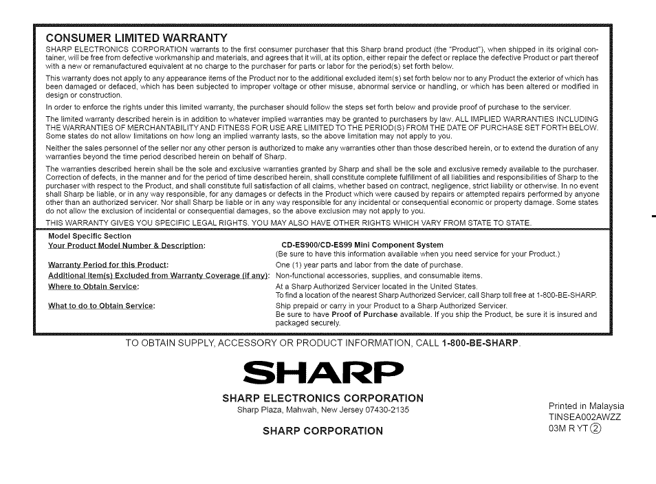 Sharp electronics corporation, Sharp corporation, Consumer limited warranty | Electronics corporation | Sharp CD-ES99 User Manual | Page 36 / 36