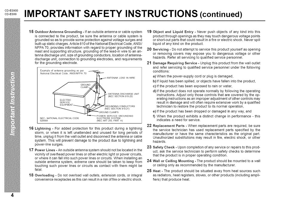 Important safety instructions (continued) | Sharp CD-ES99 User Manual | Page 4 / 36