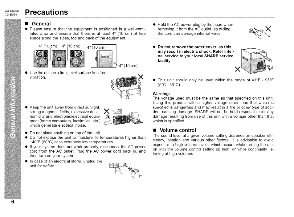 Precautions, General, Volume control | Sharp CD-ES99 User Manual | Page 6 / 36