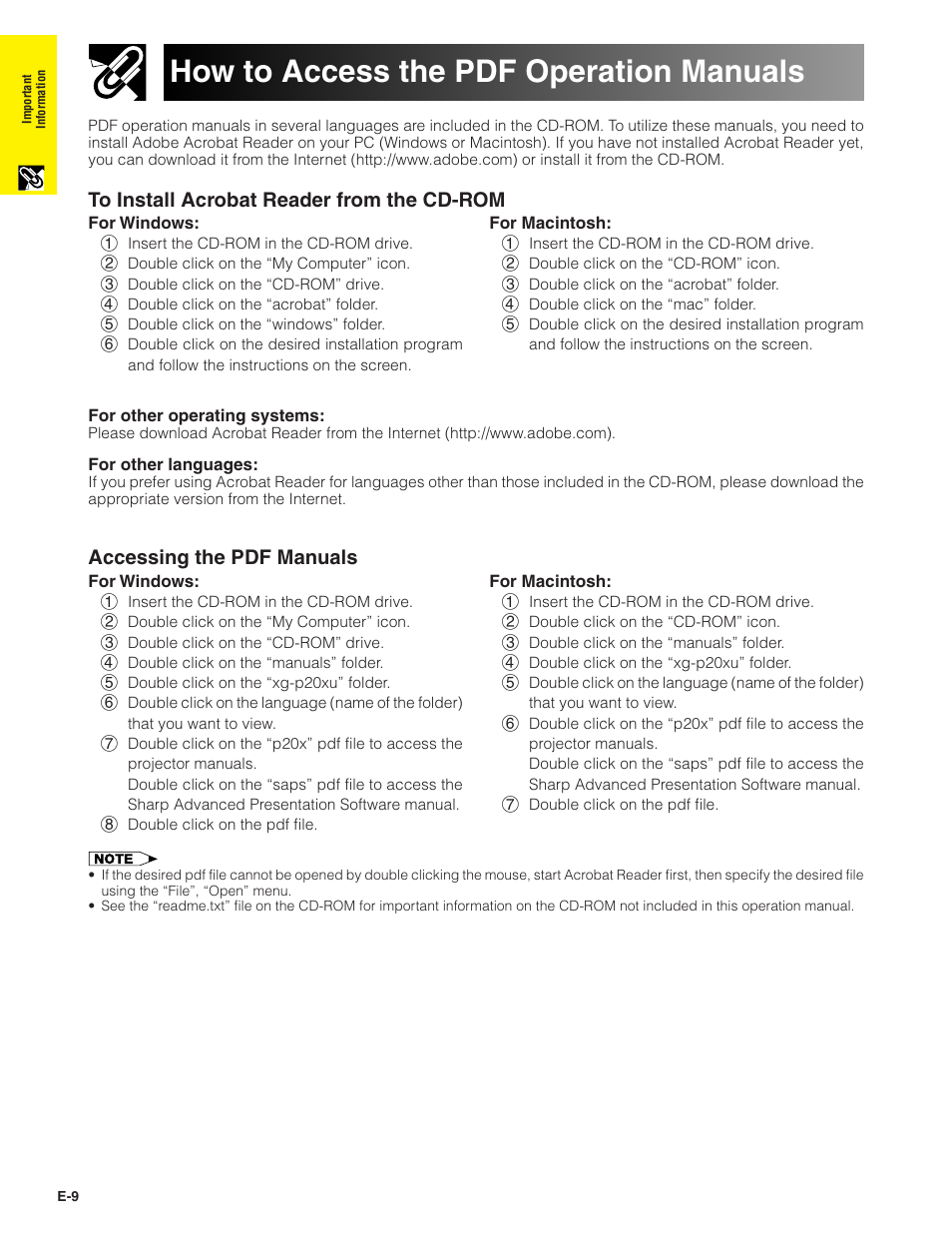 How to access the pdf operation manuals, How to access the pdf operation, Manuals | Accessing the pdf manuals | Sharp XG-P20XU User Manual | Page 10 / 83