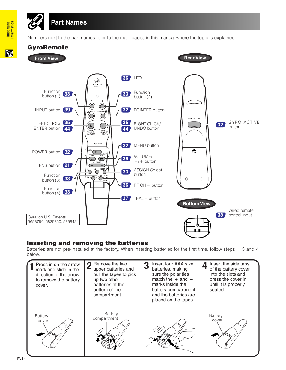 Part names, Gyroremote, Inserting and removing the batteries | Sharp XG-P20XU User Manual | Page 12 / 83