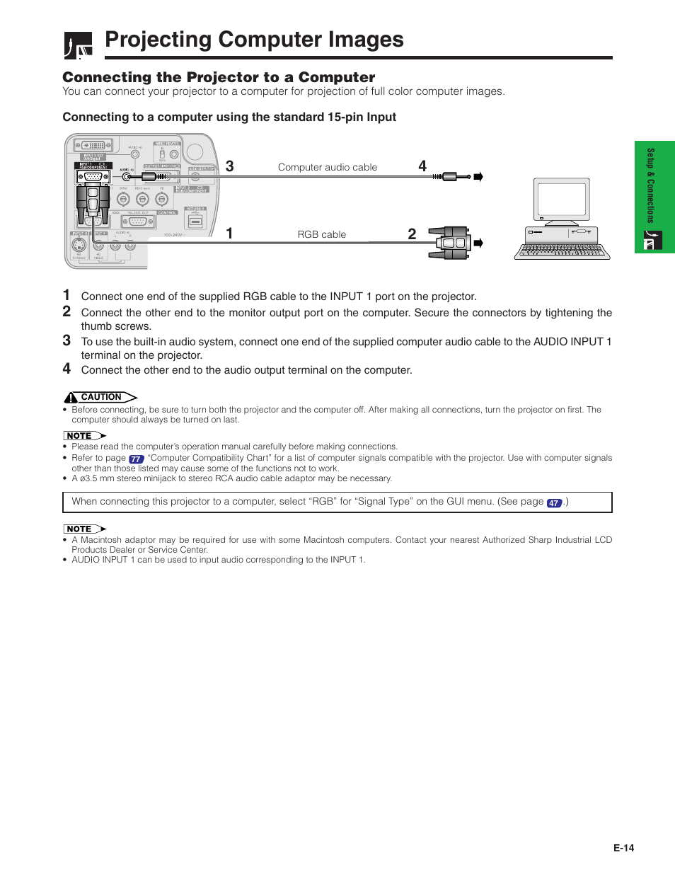 Projecting computer images, Connecting the projector to a computer | Sharp XG-P20XU User Manual | Page 15 / 83