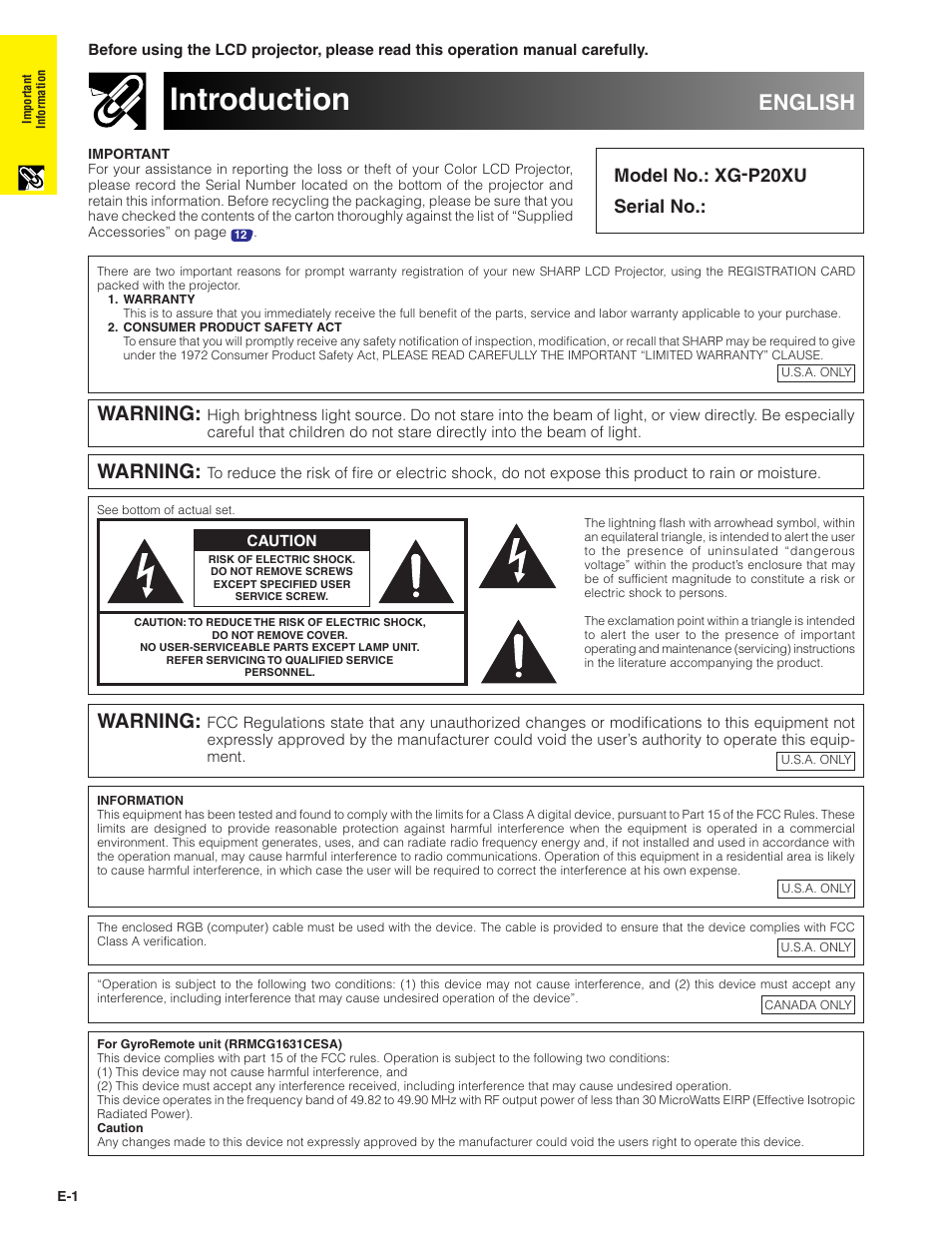 Important information, Introduction, Important | Information, English, Warning, Model no.: xg-p20xu serial no | Sharp XG-P20XU User Manual | Page 2 / 83
