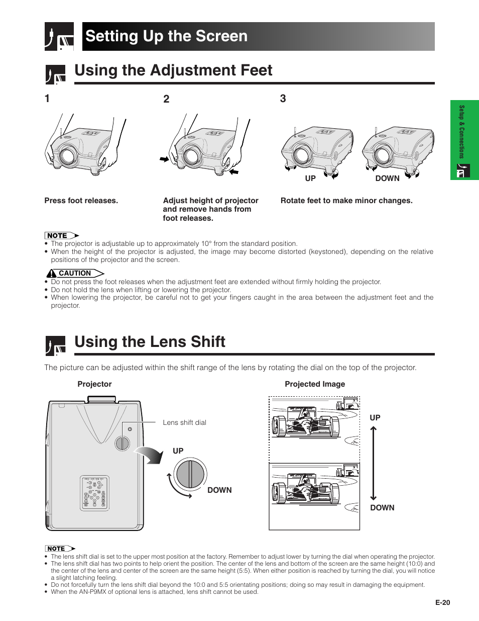 Setting up the screen, Using the adjustment feet, Using the lens shift | Sharp XG-P20XU User Manual | Page 21 / 83