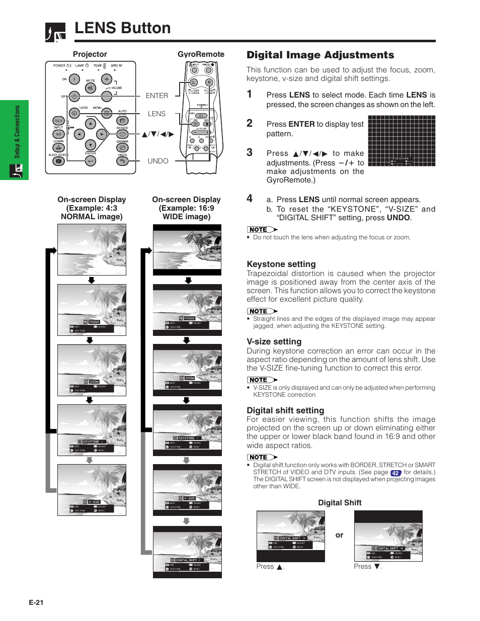 Lens button, Digital image adjustments | Sharp XG-P20XU User Manual | Page 22 / 83