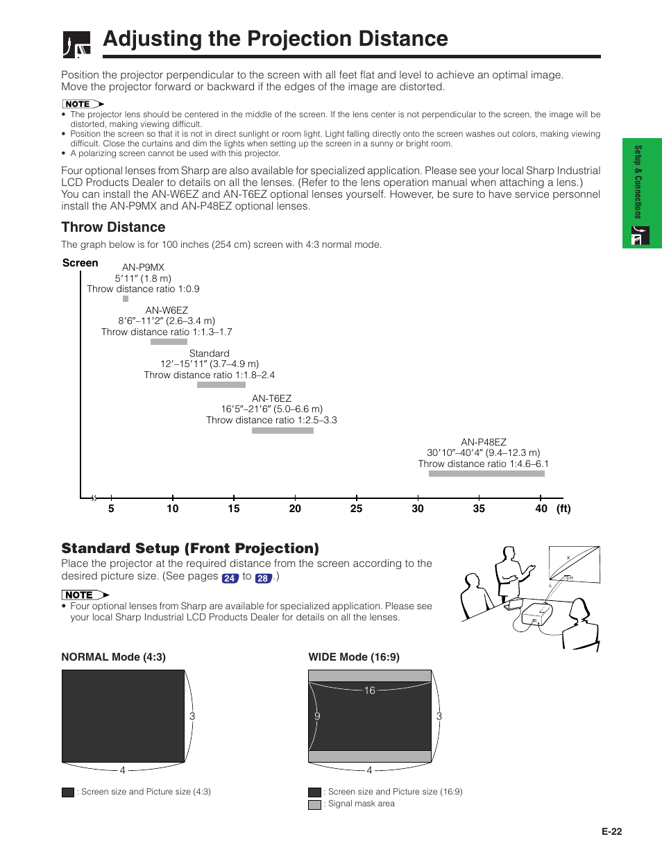 Adjusting the projection distance, Standard setup (front projection), Throw distance | Sharp XG-P20XU User Manual | Page 23 / 83