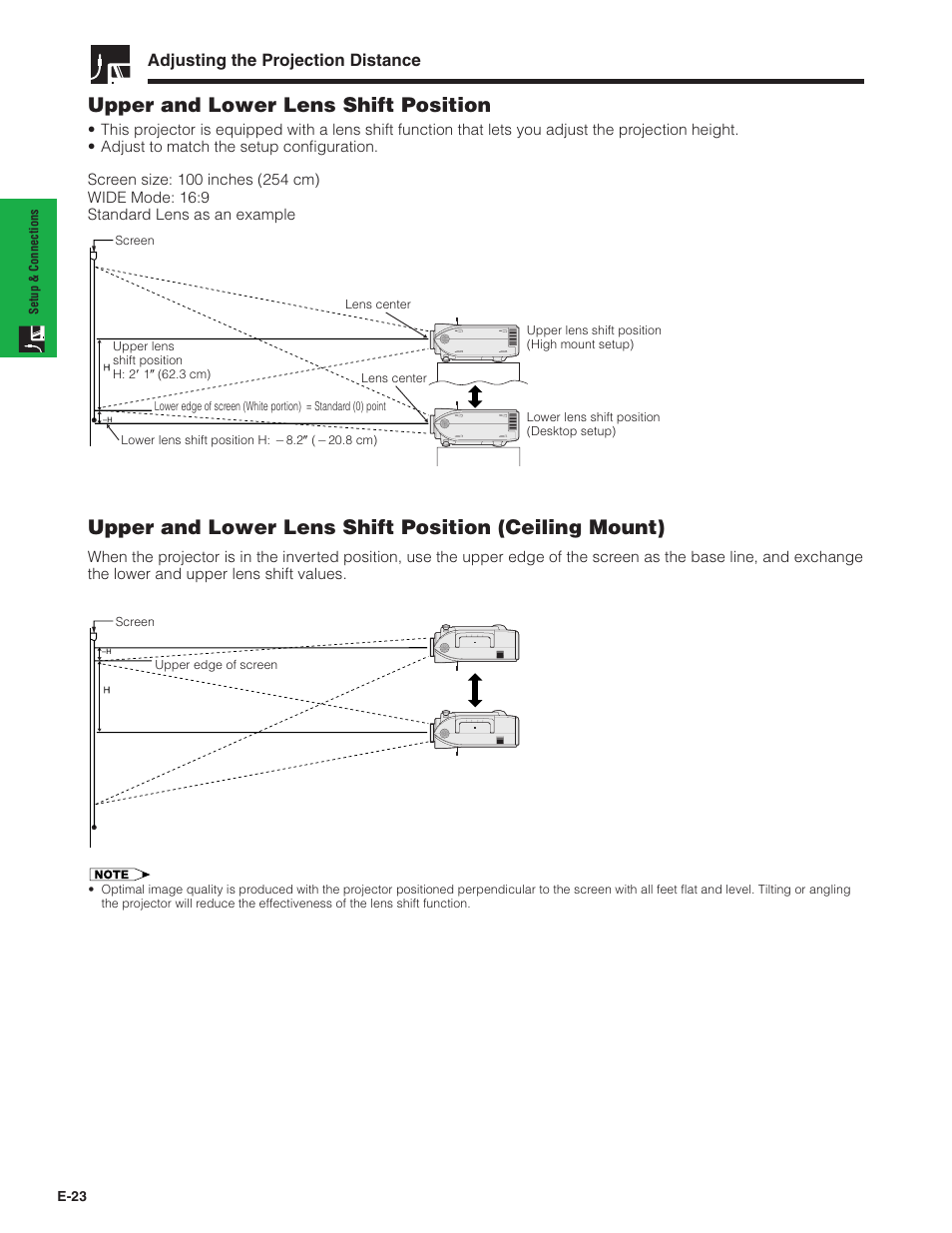 Upper and lower lens shift position, Adjusting the projection distance | Sharp XG-P20XU User Manual | Page 24 / 83