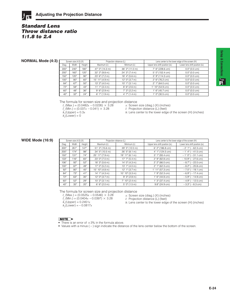 Adjusting the projection distance, Normal mode (4:3), Wide mode (16:9) | E-24 | Sharp XG-P20XU User Manual | Page 25 / 83