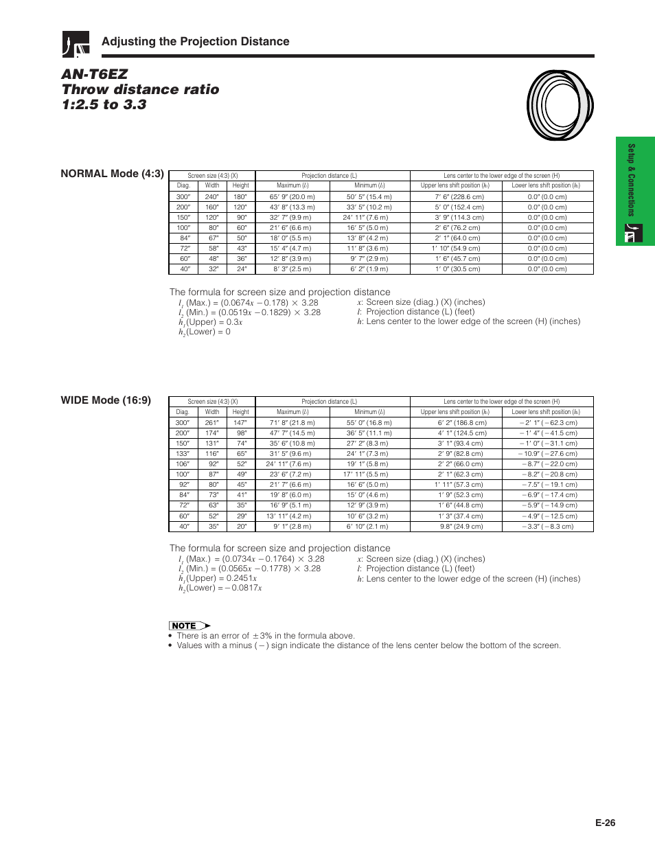 Adjusting the projection distance, Normal mode (4:3), Wide mode (16:9) | E-26 | Sharp XG-P20XU User Manual | Page 27 / 83