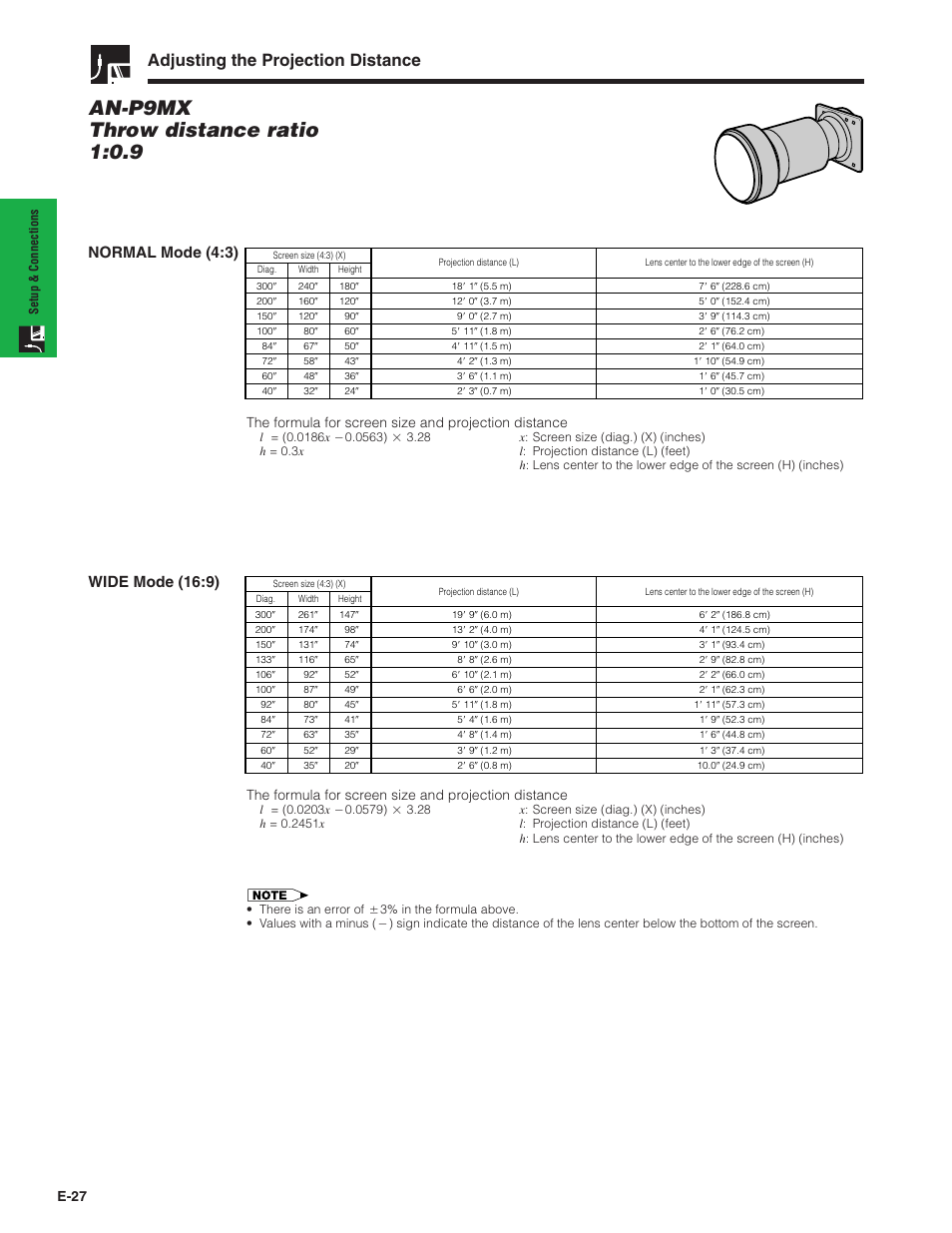 An-p9mx throw distance ratio 1:0.9, Adjusting the projection distance, Normal mode (4:3) | Wide mode (16:9), E-27 | Sharp XG-P20XU User Manual | Page 28 / 83