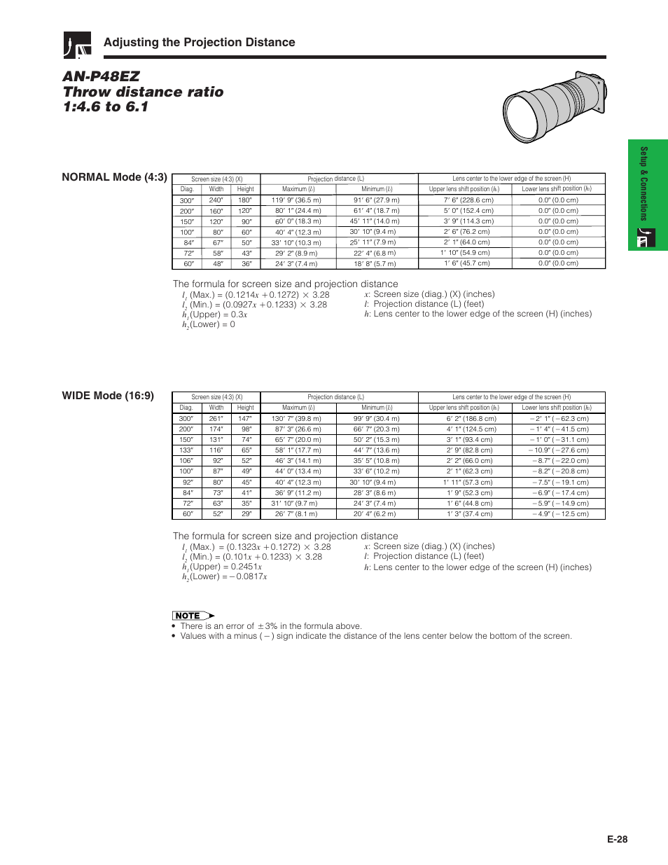 Adjusting the projection distance, Normal mode (4:3), Wide mode (16:9) | E-28 | Sharp XG-P20XU User Manual | Page 29 / 83