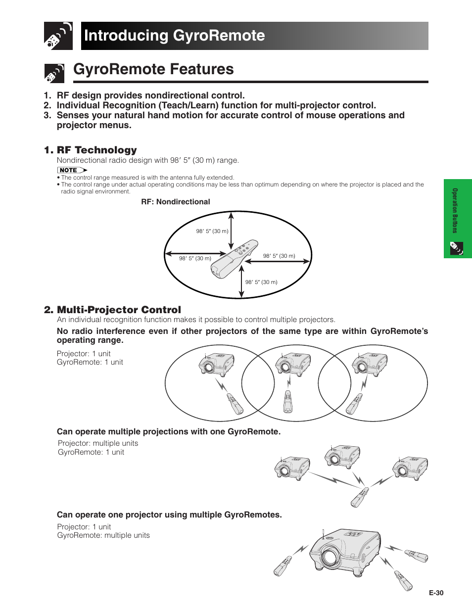 Operation buttons, Introducing gyroremote, Gyroremote features | Introducing gyroremote gyroremote features, Rf technology, Multi-projector control | Sharp XG-P20XU User Manual | Page 31 / 83