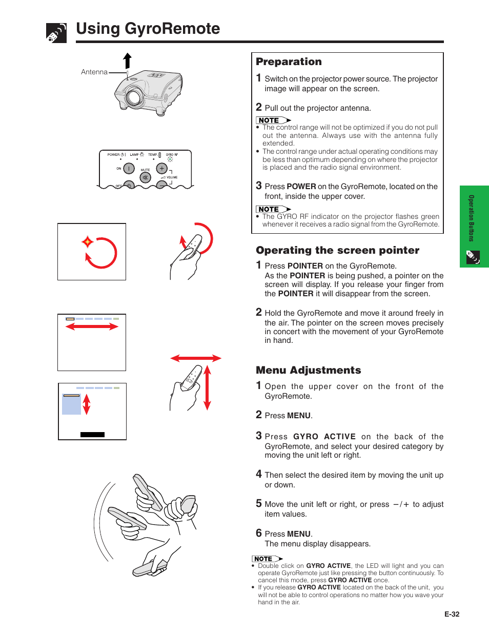 Using gyroremote, Preparation, Operating the screen pointer | Menu adjustments | Sharp XG-P20XU User Manual | Page 33 / 83