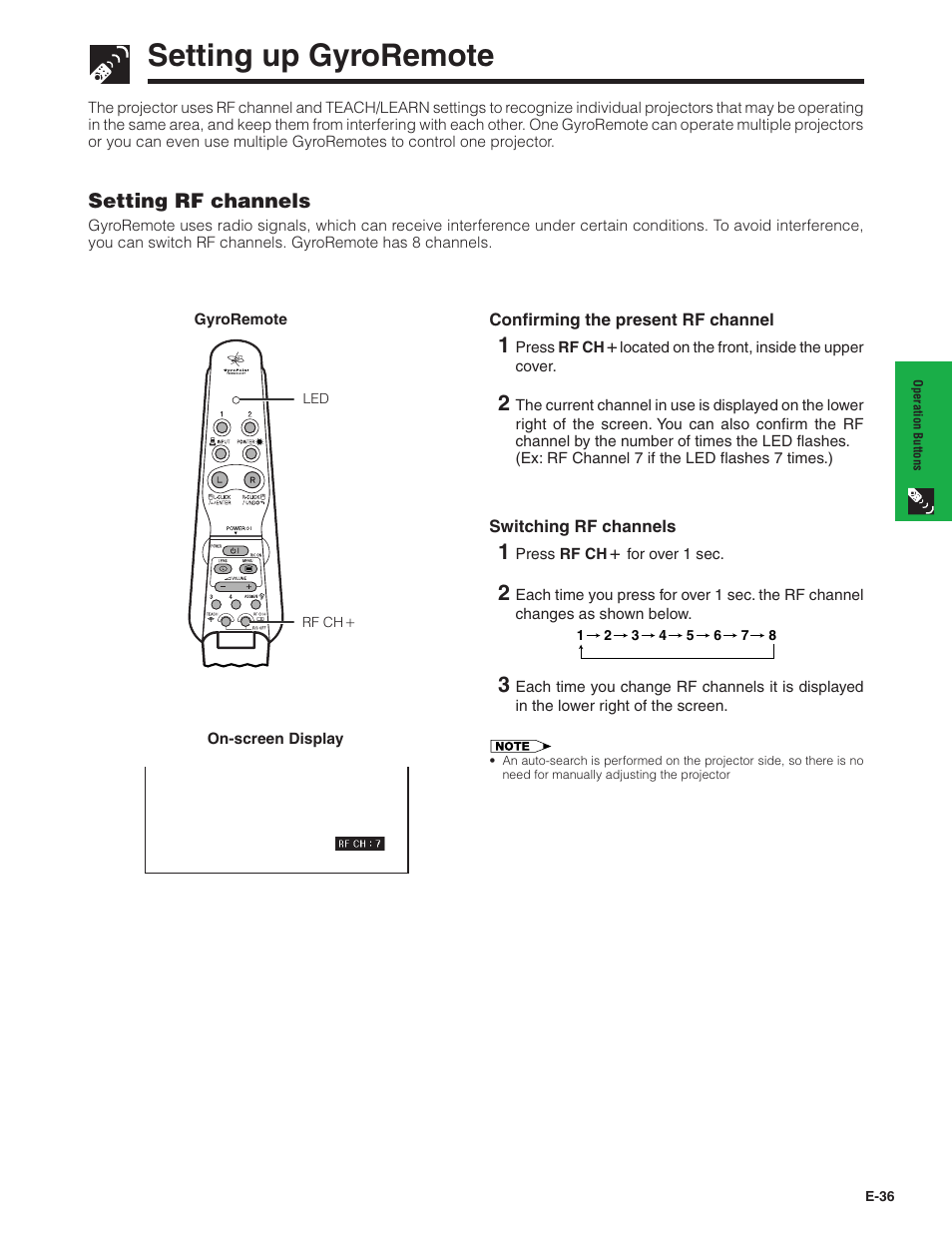 Setting up gyroremote, Setting rf channels | Sharp XG-P20XU User Manual | Page 37 / 83