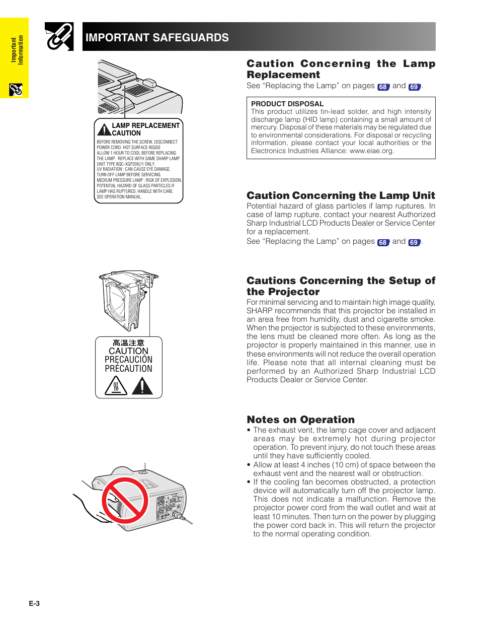 Important safeguards, Caution concerning the lamp replacement, Cautions concerning the setup of the projector | Caution concerning the lamp unit | Sharp XG-P20XU User Manual | Page 4 / 83