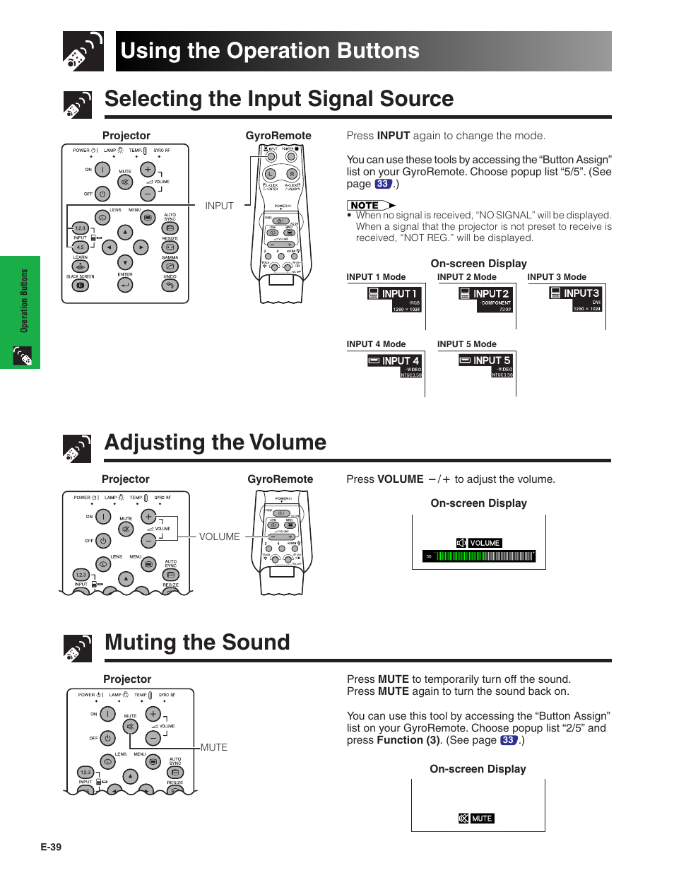 Using the operation buttons, Selecting the input signal source, Adjusting the volume | Muting the sound | Sharp XG-P20XU User Manual | Page 40 / 83