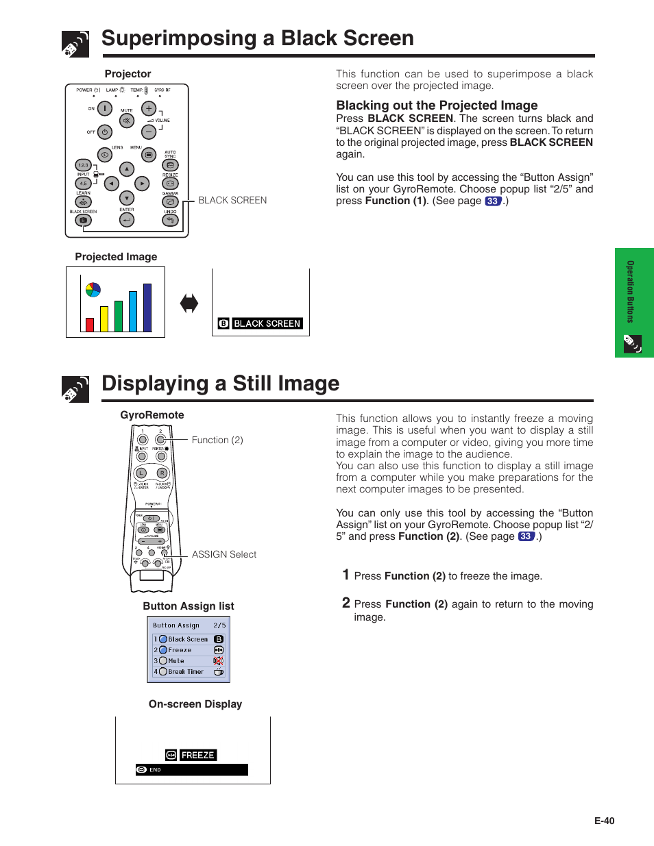 Superimposing a black screen, Displaying a still image, Sg displaying a still image | Sharp XG-P20XU User Manual | Page 41 / 83