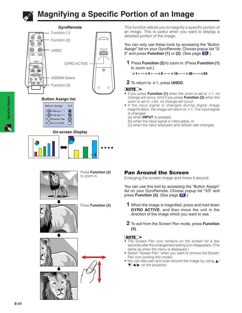 Magnifying a specific portion of an image, Magnifying a specific portion, Of an image | Pan around the screen | Sharp XG-P20XU User Manual | Page 42 / 83