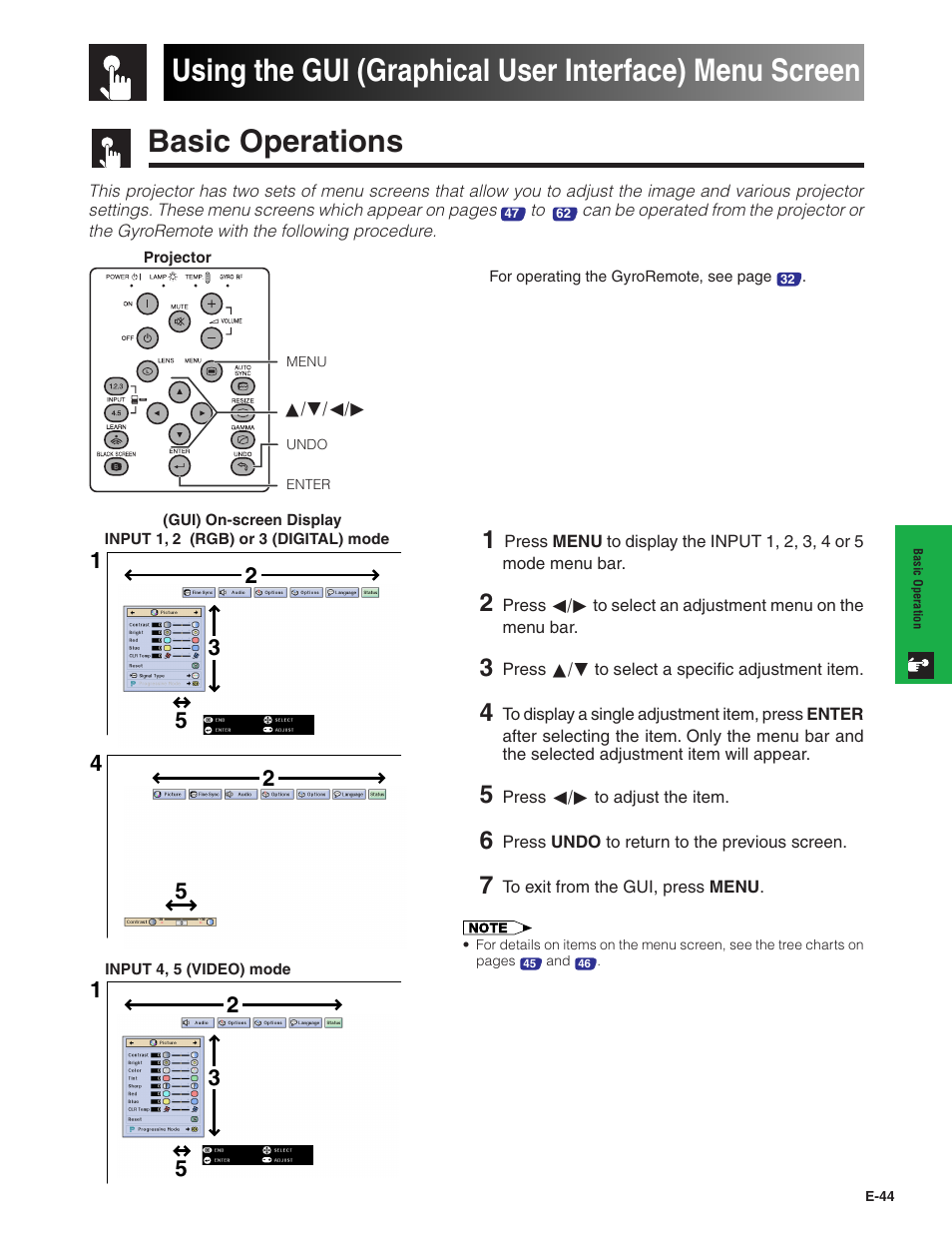 Basic operation, Basic operations, Using the gui (graphical user | Interface) menu screen | Sharp XG-P20XU User Manual | Page 45 / 83