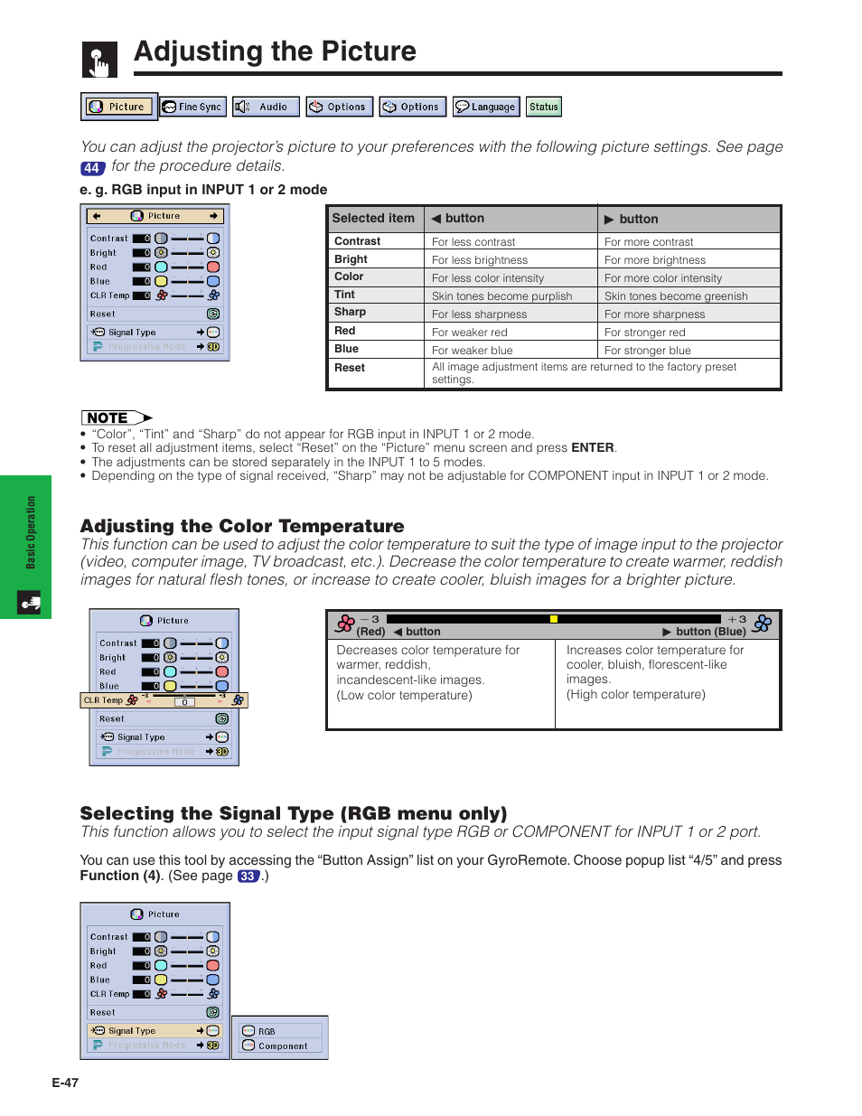 Adjusting the picture, Adjusting the color temperature, Selecting the signal type (rgb menu only) | Sharp XG-P20XU User Manual | Page 48 / 83