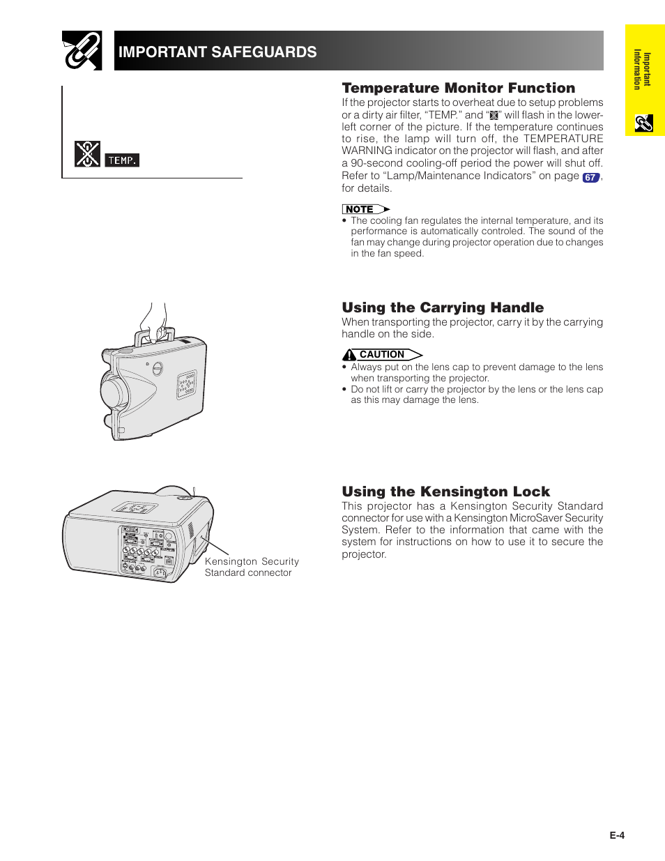 Important safeguards, Temperature monitor function, Using the carrying handle | Using the kensington lock | Sharp XG-P20XU User Manual | Page 5 / 83
